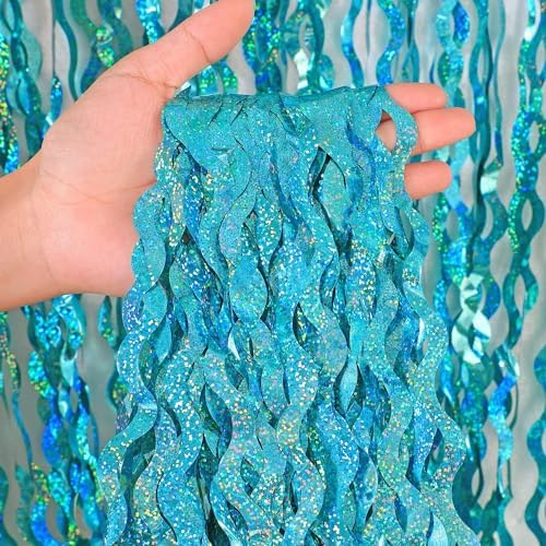4 Pack Teal Aqua Blue Wavy Foil Fringe Curtains Party Decorations - 3.3 ft x 6.6 ft Sparkle Streamer Tinsel Curtain Party Photo Backdrops for Birthday Party Christmas Graduation Decoration by CYLMFC