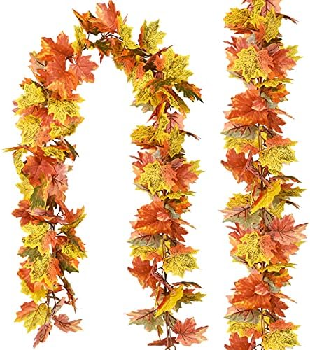 DearHouse 2 Pack Fall Garland Maple Leaf, 5.9Ft/Piece Hanging Vine Garland Artificial Autumn Foliage Garland Thanksgiving Decor for Home Wedding Fireplace Party Christmas (Light Green) by DearHouse