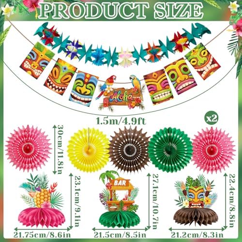 Hawaiian Luau Party Decorations Tropical Beach Aloha Palm Leaves Garland Luau Honeycomb Table Centerpiece Tissue Pom Poms Paper Fans Tiki Totem Hanging Decor Tropical Summer Beach Pool Party Supplies - Image 3