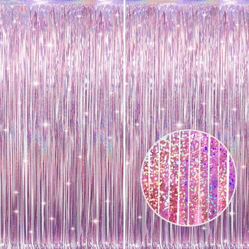 GOER 2 Pack 3.2 ft x 9.85 ft Metallic Tinsel Foil Fringe Curtains Party Photo Backdrop Party Streamers for Birthday,Graduation,New Year Eve Decorations Wedding Decor (Laser Pink) by GOER