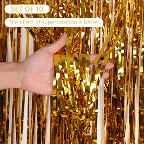 10 Pack Gold Foil Curtain Backdrop 3.2ft x 9.8ft Metallic Tinsel Foil Fringe Curtains Streamer Photo Booth Backdrop for Birthday Party Engagement Bachelorette Party Decorations (Gold) - Image 2