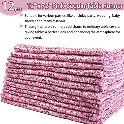 12 Packs 12 X 72 Inch Pink Sequin Table Runner Glitter Dining Table Runner for Birthday Wedding Engagement Bridal Baby Shower Bachelorette Holiday Celebration Party Supplies Decorations (Pink) - Image 2