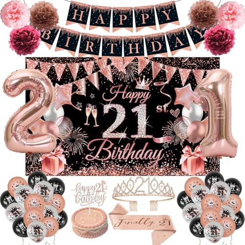 Happy 21st Birthday Decorations for Her, 21 Years Old Decor for Women by JKIYT