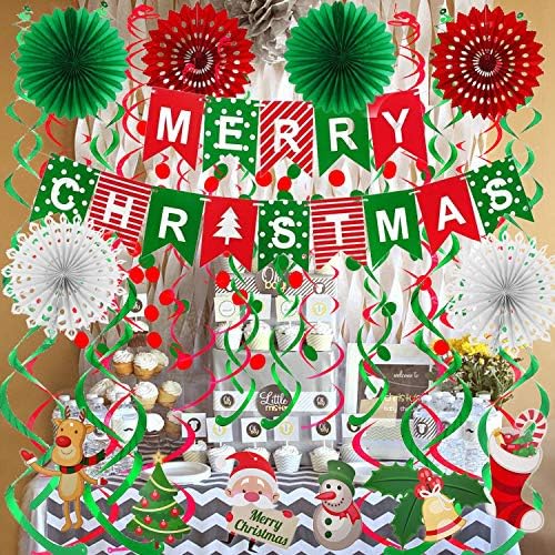 FECEDY Merry Christmas Banner Paper Fan Flower Circle Confetti Dots Hanging Garlandand Swirl Streamers Christmas Tree Christmas Snowman God Tang for Christmas Party Decoration - Image 3