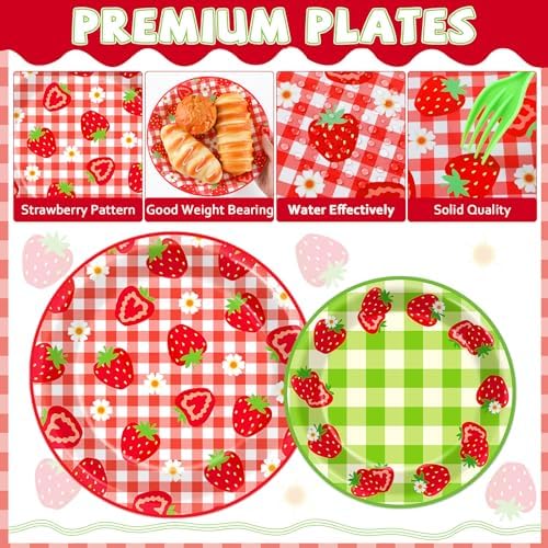 96Pcs Strawberry Party Plates and Napkins Birthday Party Supplies Spring Summer Fruit Paper Dessert Plates Strawberry Themed Tableware Set Disposable for 24 Guests 1st Birthday Party Decorations - Image 3