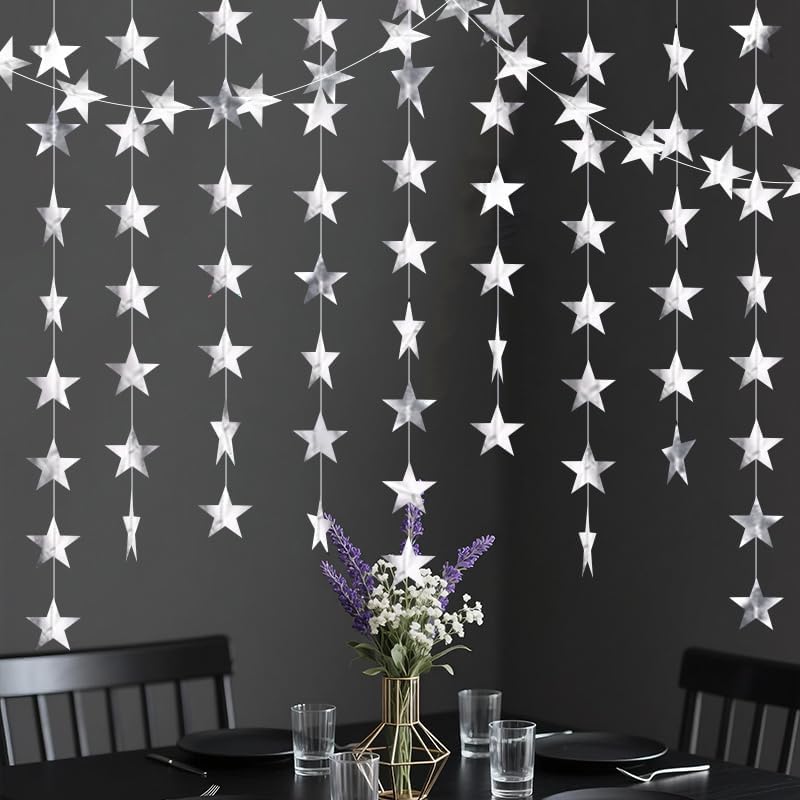 Silver Shining Star Hanging Garland Silver Hanging Sparkling Star Streamer Glitter Bunting Banner Twinkle Backdrop for Wedding Baby Shower Birthday Christmas Decorations 40 Feet - Image 6