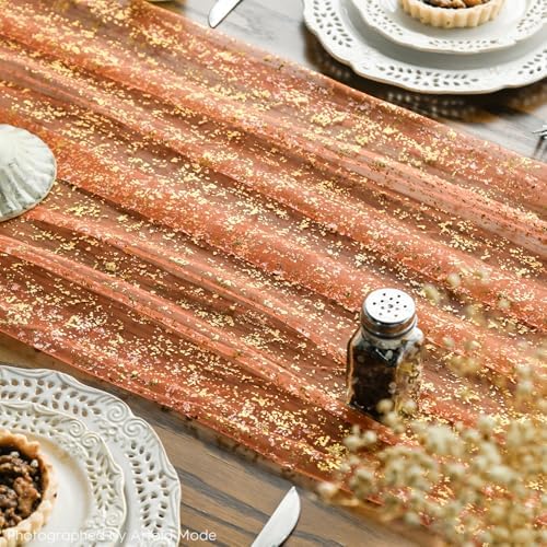 Artoid Mode 6PCS Orange Gold Gauze Table Runner 120 Inch 10FT, Glitter Metallic Foil Sheer Dining Wedding Anniversary Holiday Table Decor for Home Party - Image 3