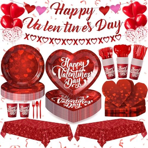 183PCS Happy Valentine's Day Party Supplies,Red Love Heart Disposable Paper Plate Napkin Cup Cutlery for 24 Guest,Banner Tablecloth Balloons for Galentines Anniversary Bridal Wedding Engagement Decor by FightingtoAchieve