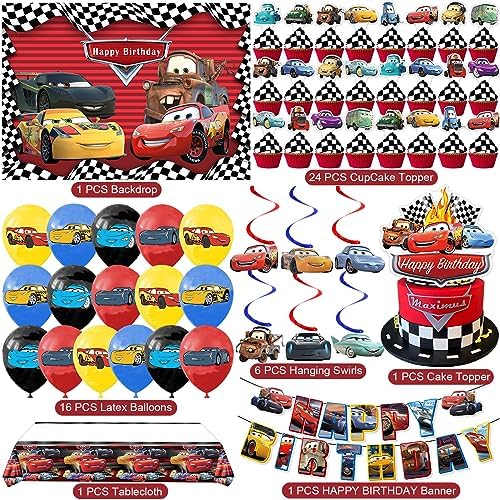Cars Birthday Party Supplies, Party Decorations Set Include Banner, Backdrop, Balloons, Hanging Swirls, Cake Cupcake Toppers, Tablecloth for Boys Girls Cars Theme Party - Image 2