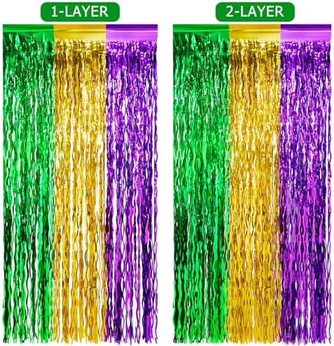 6 Pack 3.3Ft x 6.6Ft Mardi Gras Wavy Foil Fringe Curtain Backdrop Decorations, Purple Gold Green Metallic Tinsel Foil Streamers Curtain Photo Background for Mardi Gras Carnival Wedding Birthday Party - Image 2