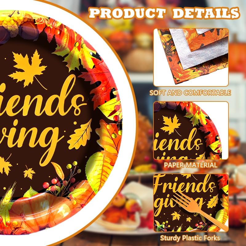 96 Pieces Friendsgiving Tableware Set Party Supplies - Fall Thanksgiving Pattern Disposable Dinnerware with Paper Plates, Napkins, Forks for Autumn Harvest, and Friendsgiving Dinner BBQ Picnic Favors - Image 3