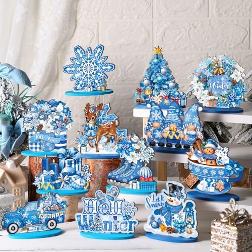 Wesiti 12 Pcs Christmas Snowflake Table Decoration Wooden Blue Winter Signs - Image 2