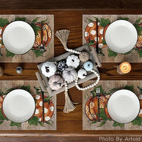 Artoid Mode Wood Polka Dot Pumpkins Fall Placemats Set of 6-12 x 18 Inch - Image 3