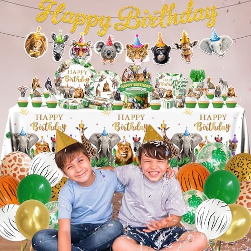 Safari Themed Party Decorations Tableware,198pcs Jungle Plates and Napkins for Party,animal Birthday Party Tablecloth Cups Cake Toppers Balloons for Zoo Party Decorations - Image 2