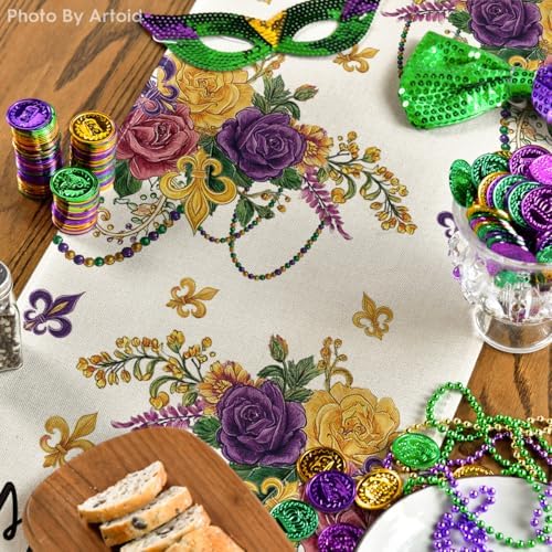 Artoid Mode Floral Bead Iris Mardi Gras Table Runner, Seasonal Carnival Kitchen Dining Table Decoration for Home Party Decor 13x72 Inch - Image 4