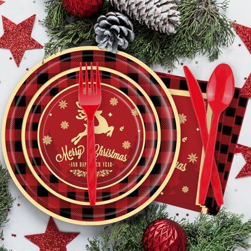 175 Pcs Merry Christmas Party Supplies Set - Serves 25, Festive Red and Black Plaid Disposable Tableware, Includes Paper Plates, Cups, Napkins, Forks, Spoons, Knives for Xmas Holiday Celebrations - Image 4