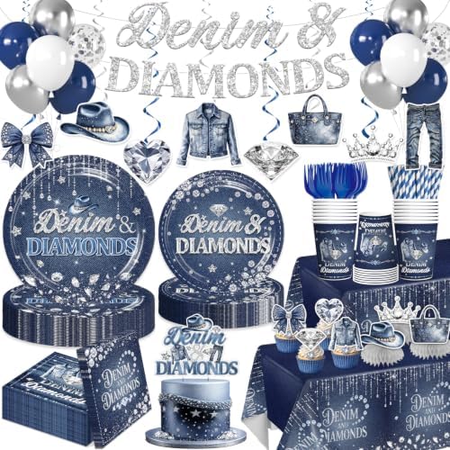 213 Pcs Denim And Diamonds Party Decorations Disposable Plates and Napkins by Yingoto