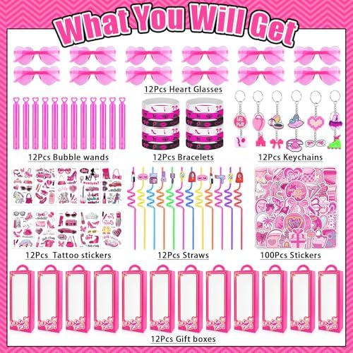 184Pcs Pink Girls Party Favors Pack - For 12Guests, Includ Goodie Box Heart Glasses Straws Bubble Wands Tattoo Sticker Bracelet Keychain, for Kids Girls Birthday Party Decoration Supplies - Image 2