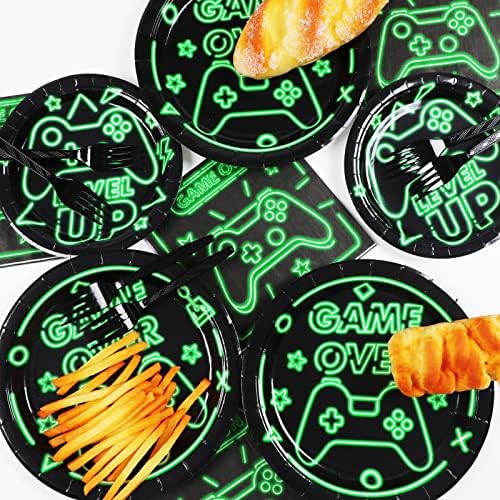 96pcs Video Game Party Supplies Tableware Set Neon Game On Paper Plates and Napkins Green Gaming Birthday Party Decorations Favors for Boys Kids Gamer Baby Shower,Serves 24 - Image 5