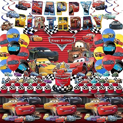 Cars Birthday Party Supplies, Party Decorations Set Include Banner, Backdrop, Balloons, Hanging Swirls, Cake Cupcake Toppers, Tablecloth for Boys Girls Cars Theme Party by RegoldenBook