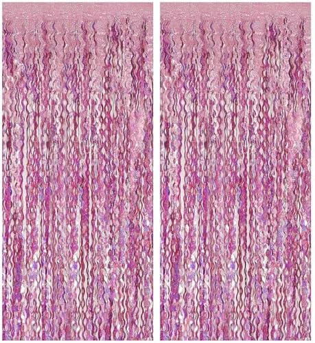 Pink Backdrop Party Decorations Pink Streamers Tinsel Foil Fringe Curtains Wavy Sparkle Metallic Pink Curtain Photo Booth Props for Birthday Wedding Valentines Day Bachelorette Decorations by BOMSI