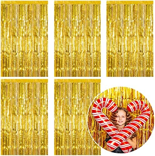 5 Pack Foil Curtain Backdrop Gold Metallic Tinsel Foil Fringe Curtains Photo Booth Props for Birthday Wedding Engagement Baby Shower Bachelorette Christmas Holiday Celebration Party Decorations by KEJ