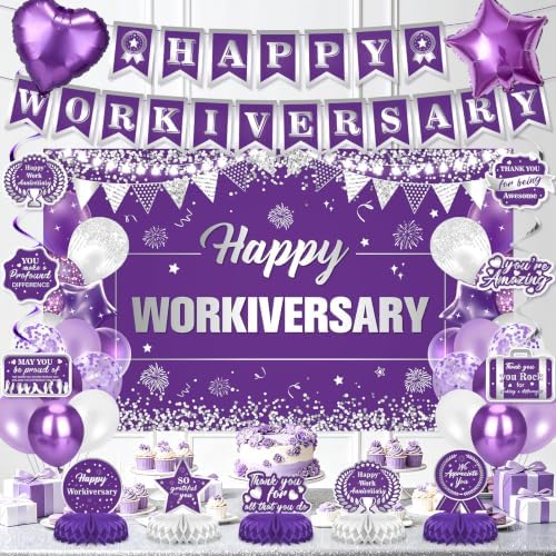 Happy Workiversary Decorations for Women Purple Silver Work Anniversary Banner Honeycomb Centerpieces Hanging Swirls Balloons Set for Office Employee Worker Anniversary Appreciation Party Supplies - Image 2