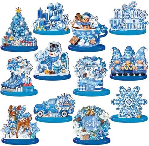 Wesiti 12 Pcs Christmas Snowflake Table Decoration Wooden Blue Winter Signs by Wesiti