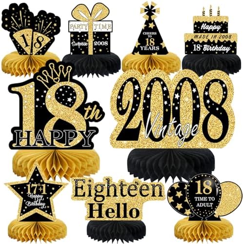 9Pcs Black Gold 18th Birthday Decorations Honeycomb Centerpieces for Boys Girls,Happy 18th Birthday Centerpieces Tables Toppers Party Decorations Supplies,Vintage 2008 Aged Table Sign Decor by MOORAY
