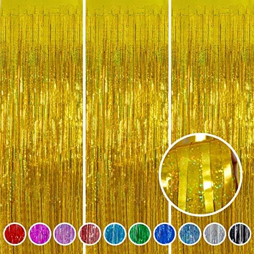 Gold Foil Fringe Curtain Backdrop 3 Pack, 3.2 x 8.2 FT Party Decorations by Melsan