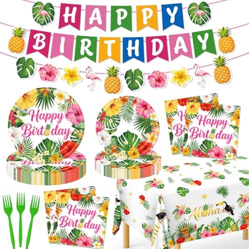 REDWORD Hawaiian Birthday Party Decorations, 99Pcs Hawaiian Plates and Napkins-Serve 24 With Birthday Banner Tablecloth Disposable Luau Plates for Luau Birthdays Tropical Summer BBQ Party Decorations by Unknown