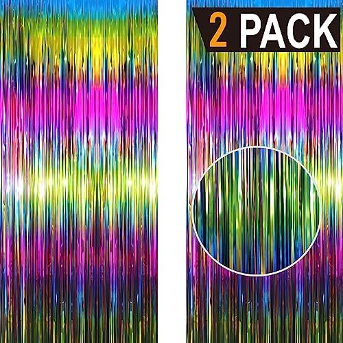 GOER 6.4 ft x 8.2 ft Metallic Tinsel Foil Fringe Curtains Party Photo Backdrop Party Streamers for Birthday,Graduation,New Year Eve Decorations Wedding Decor(2 Packs,Macaroon Rainbow) - Image 2