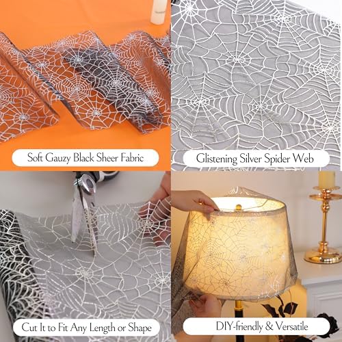 Snowkingdom Halloween Table Runner, Silver Spider Web Metallic Sequin Glitter Sheer Runners Roll 120", Black Table Decorations for Halloween, Wedding, Birthday, Themed Party, Christmas - Image 6