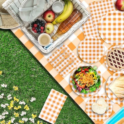 146PCS Orange Gingham Party Supplies Paper Plates and Napkins Serve 36 - Image 7