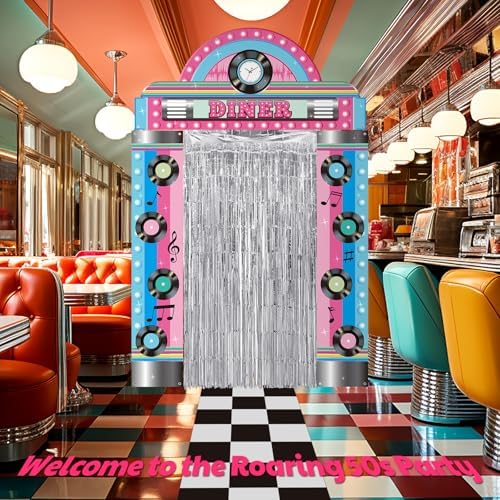 VitalCozy 7 Pcs 1950s Party Decorations Retro Diner Backdrop Silver Fringe - Image 5