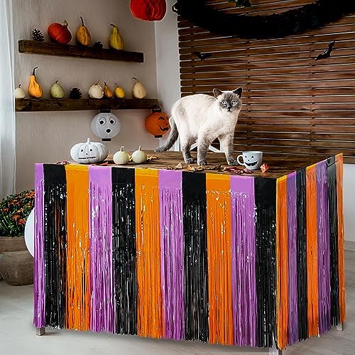 6 Pack 30x108 Inch Halloween Table Skirt Decoration, Metallic Foil Fringe Tinsel Table Skirts, Curtains Backdrop Parade Floats Birthday Halloween Christmas Party Decoration(Black Orange Purple) - Image 3