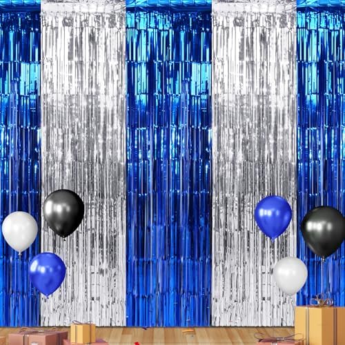 6Pack 3.3Ft x 6.6Ft Graduation Foil Fringe Curtain Backdrop Decorations, Blue Silver Metallic Tinsel Foil Streamers Curtain Photo Booth Background for Graduation Prom Wedding Birthday Party Decoration by Zachely