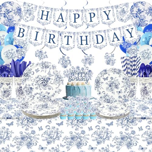 Blue Floral Party Decoration, Including Happy Birthday Banner, Plates, Cups, Napkins, Tablecloth, Paper Lantern, Straws, for Flower Birthday Wedding Chinoiserie Party Supplies Serves 20 by Ywediim