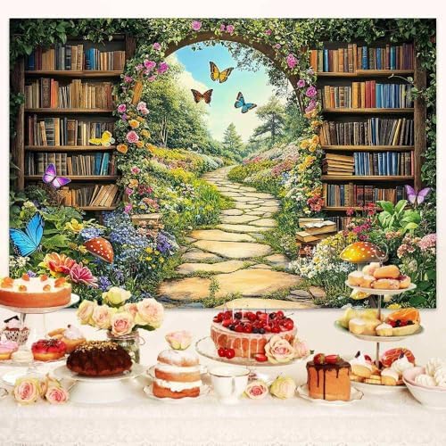 Enchanted Forest Fairy Library Backdrop, Spring Woodland Bookshelf Tea Party Photography Background, Green Floral Plant Birthday Party Decorations Baby Shower Banner Photo Booth Props 12X10FT - Image 3