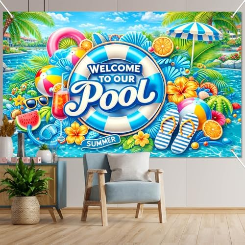 BlissYard Hello Summer Banner 71 x 43 Inches Welcome to Our Pool Summer Pool Party Decorations Swimming Pool Backdrop Beach for Pool Party Backyard Summer Beach Tiki Bar Outdoor Photo Booth - Image 6