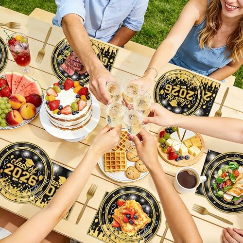 100 Pcs Graduation Plates and Napkins, 2026 Black Gold Graduation Disposable Plates and Napkins Party Supplies Set Serves 25, Black Gold Disposable Dinnerware Set for 2026 Decorations Grad Party - Image 5