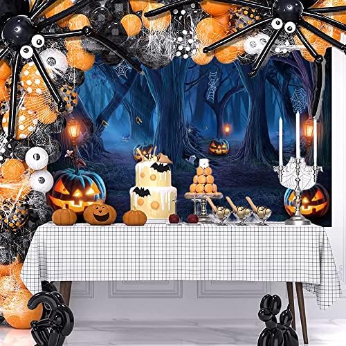 Renaiss Halloween Backdrop Spider Web Trees Grimace Pumpkin Lamp Gloomy Forest Photography Background Creepy Moonlight Woods Halloween Birthday Dress Up Party Decor 5x3ft Photo Booth Props Wallpaper - Image 2