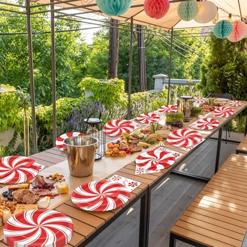 gisgfim 50 Guests Christmas Peppermint Candy Party Supplies Candy Mint Plates and Napkins Forks Xmas Tableware Red and White Striped Paper Plates for Holiday Party 200PCS - Image 5