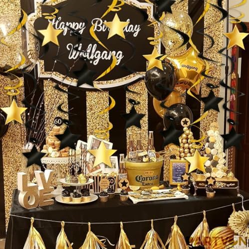 Black Gold Hanging Swirl Decorations - 32 Pcs Metallic Ceiling Swirls with Foil Stars, Plastic Streamers for Graduation 2026, Birthday, Wedding, New Year's Eve, Engagement Party Supplies - Image 6