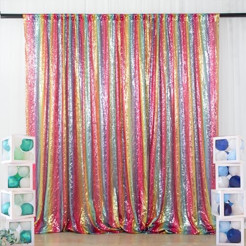 ShinyBeauty 7FTx7FT Glitter Rainbow Backdrop - Sequin Photo Studio Background for TikTok Videos Birthday Parties - Sparkling Shimmer Curtain - Image 2