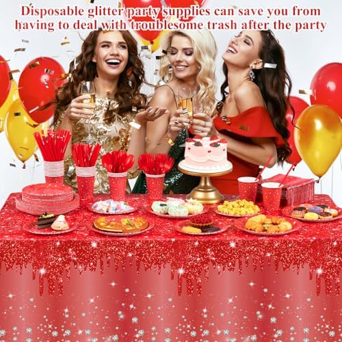 452 Pcs Red Birthday Party Decoration for 50 Guest, Red Diamond Glitter Paper Plates Napkins Cups Tablecloth Cutlery Straws Tableware for Birthday Wedding Baby Shower Graduation Party Supply - Image 5