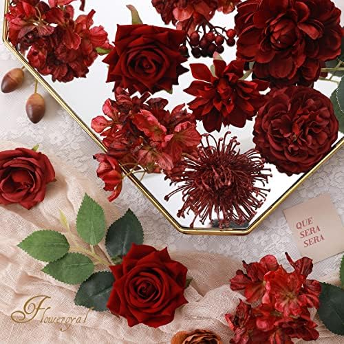 Floweroyal Artificial Flowers Combo Burgundy Flowers Mix Silk Flowers Dahlia Roses with Stems for DIY Wedding Bridal Bouquets, Baby Shower, Floral Arrangement, Table Centerpieces, Home Decorations. - Image 2