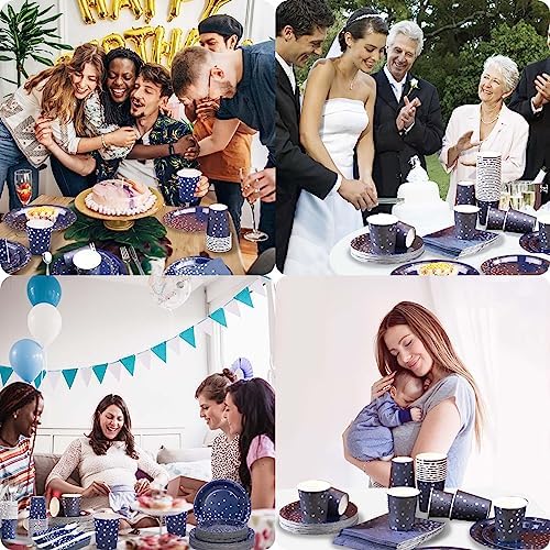 Gudvilla350 PCS Navy Blue Plates and Napkins Party Supplies,Navy Blue Paper Plates with Plastic Silverware Serve 50 Guests,Blue and Silver Birthday Plates Disposable for Wedding Retirement Decorations - Image 7