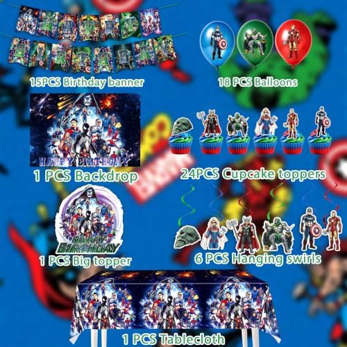 Super Theme Hero Birthday Party Supplies, Cartoon Party Decorations Set Include Banner, Backdrop, Balloons, Hanging Swirls, Cake Cupcake Toppers, Tablecloth - Image 2
