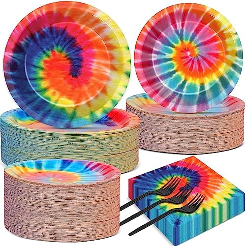 50 Guests Tie Dye Plates and Napkins Party Supplies Tie Dye Party Decorations Disposable Tableware Set Birthday Dinnerware Favor for Kids Girls Baby Shower Birthday Party Graduation, 200PCS by Qyeahkj